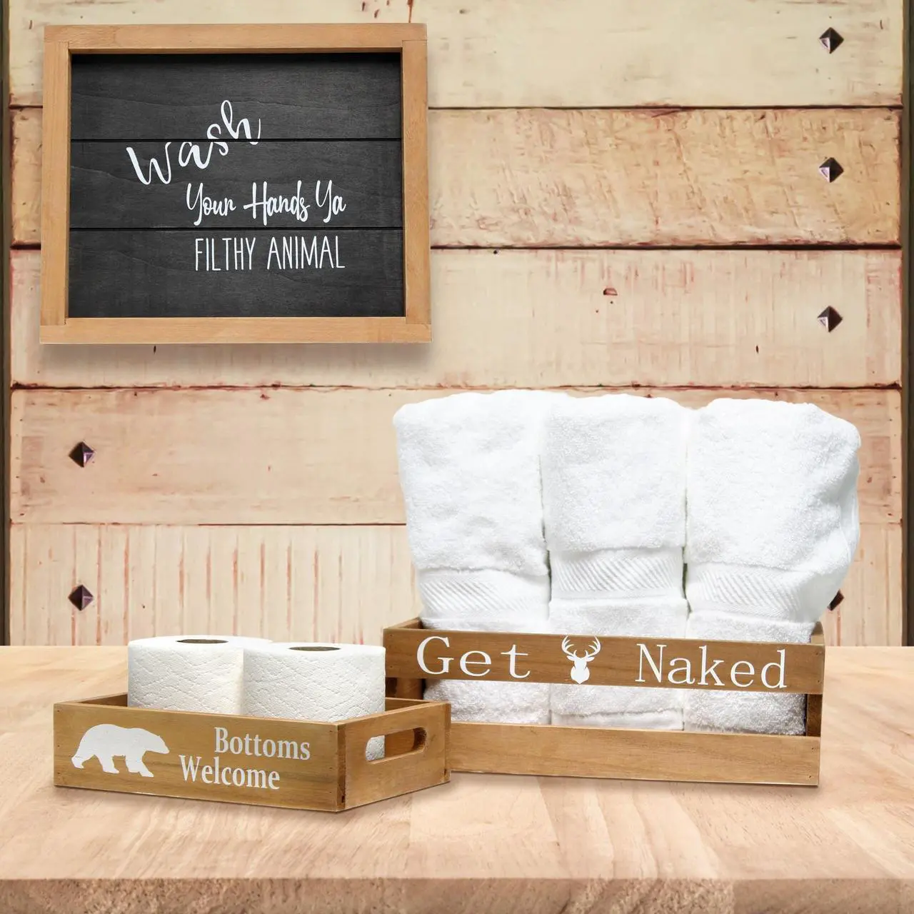 Main image of Elegant Designs Three Piece Decorative Wood Bathroom Set, Small, Cabin/Lodge/Rustic  (1 Towel Holder, 1 Frame, 1 Toilet Paper Holder)