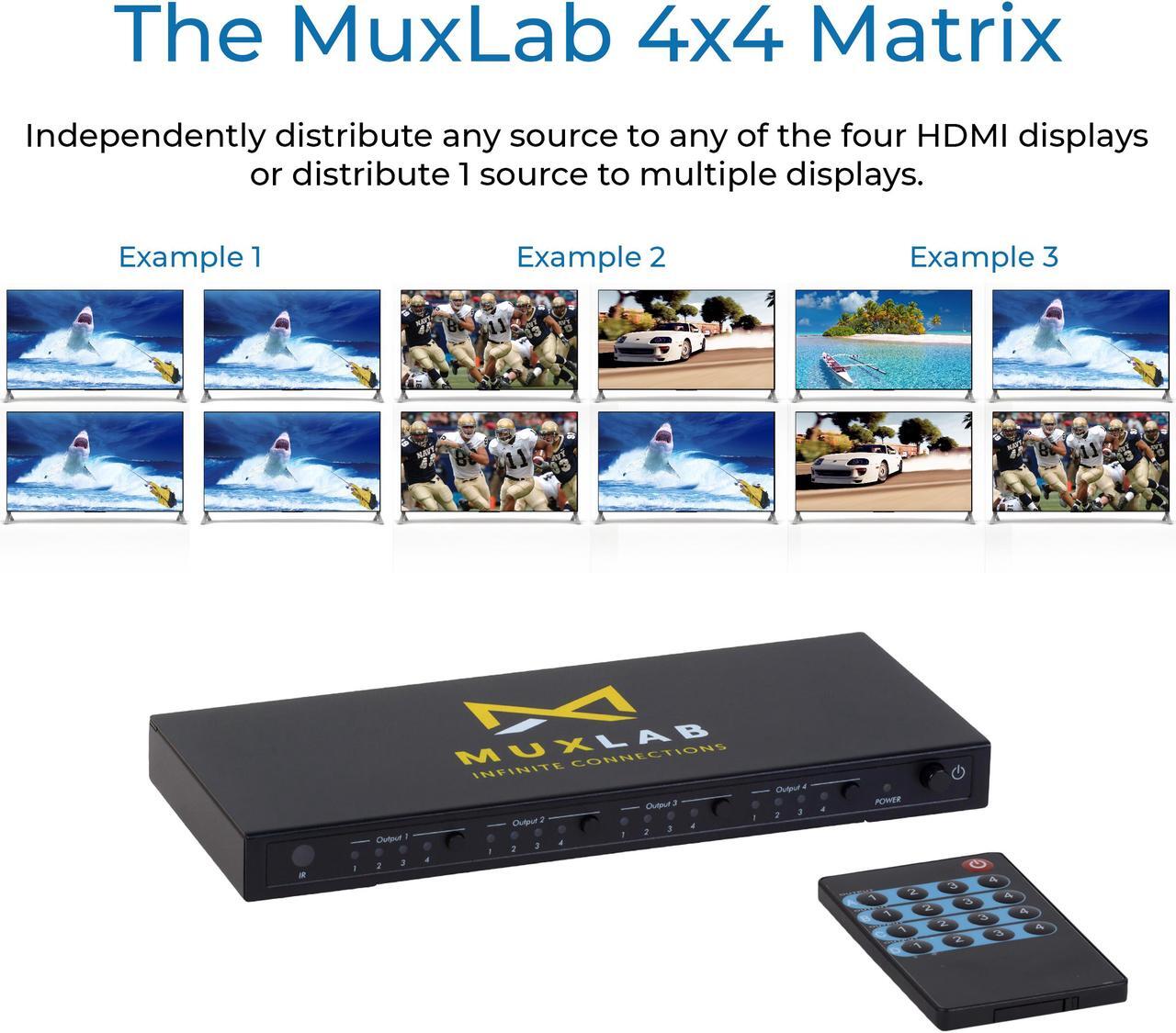 Alt view image 6 of 7 - MuxLab 4x4 HDMI 2.0 Matrix Switch/Splitter with IR Remote | Supports 4K@60Hz, 4:4:4, HDR, 4 Input and 4 Output | Control with IR Remote, RS232, TCP/IP & Push Button