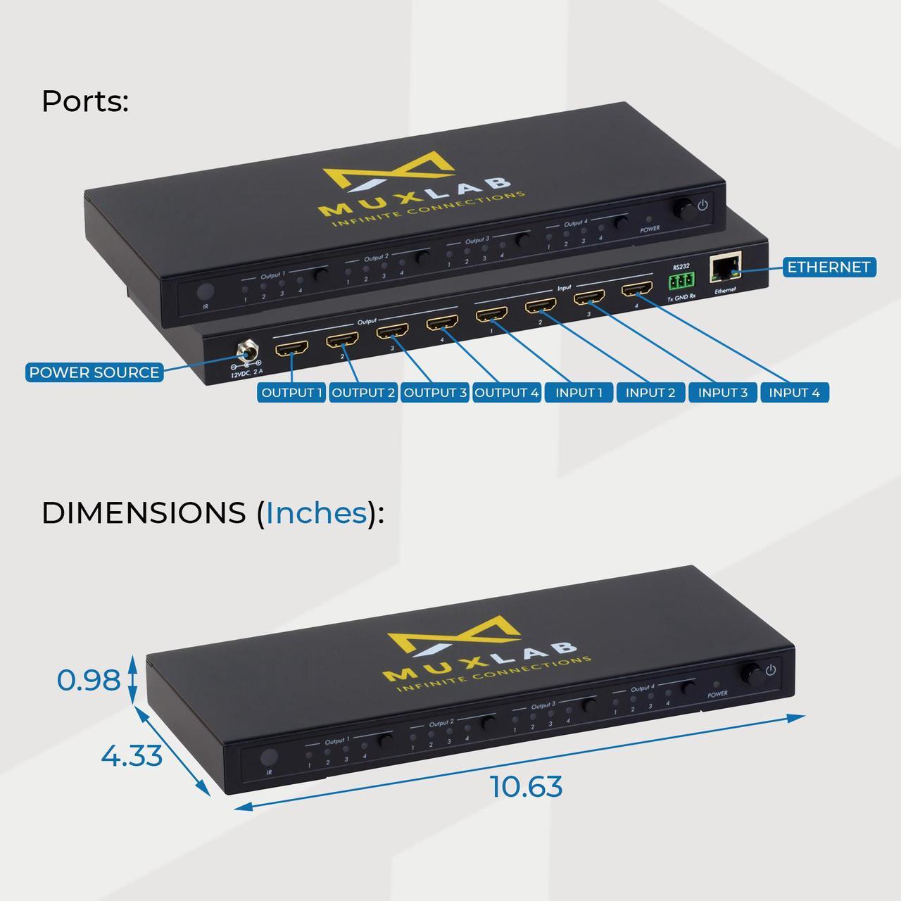 Alt view image 2 of 7 - MuxLab 4x4 HDMI 2.0 Matrix Switch/Splitter with IR Remote | Supports 4K@60Hz, 4:4:4, HDR, 4 Input and 4 Output | Control with IR Remote, RS232, TCP/IP & Push Button