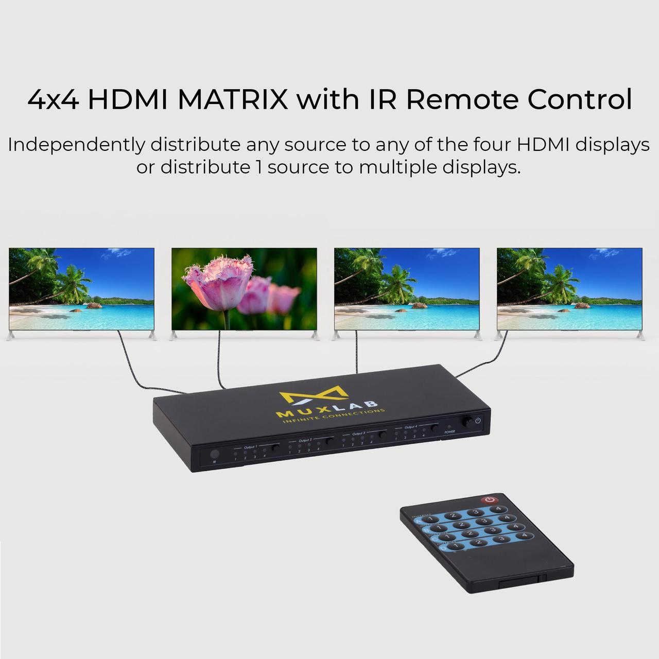 Alt view image 4 of 7 - MuxLab 4x4 HDMI 2.0 Matrix Switch/Splitter with IR Remote | Supports 4K@60Hz, 4:4:4, HDR, 4 Input and 4 Output | Control with IR Remote, RS232, TCP/IP & Push Button