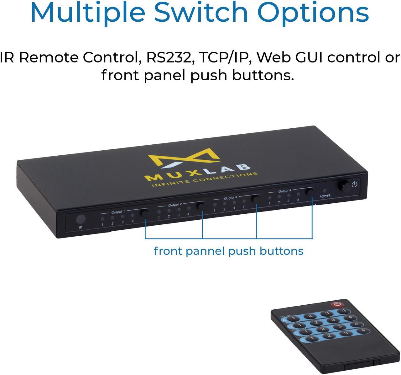 Main image of MuxLab 4x4 HDMI 2.0 Matrix Switch/Splitter with IR Remote | Supports 4K@60Hz, 4:4:4, HDR, 4 Input and 4 Output | Control with IR Remote, RS232, TCP/IP & Push Button