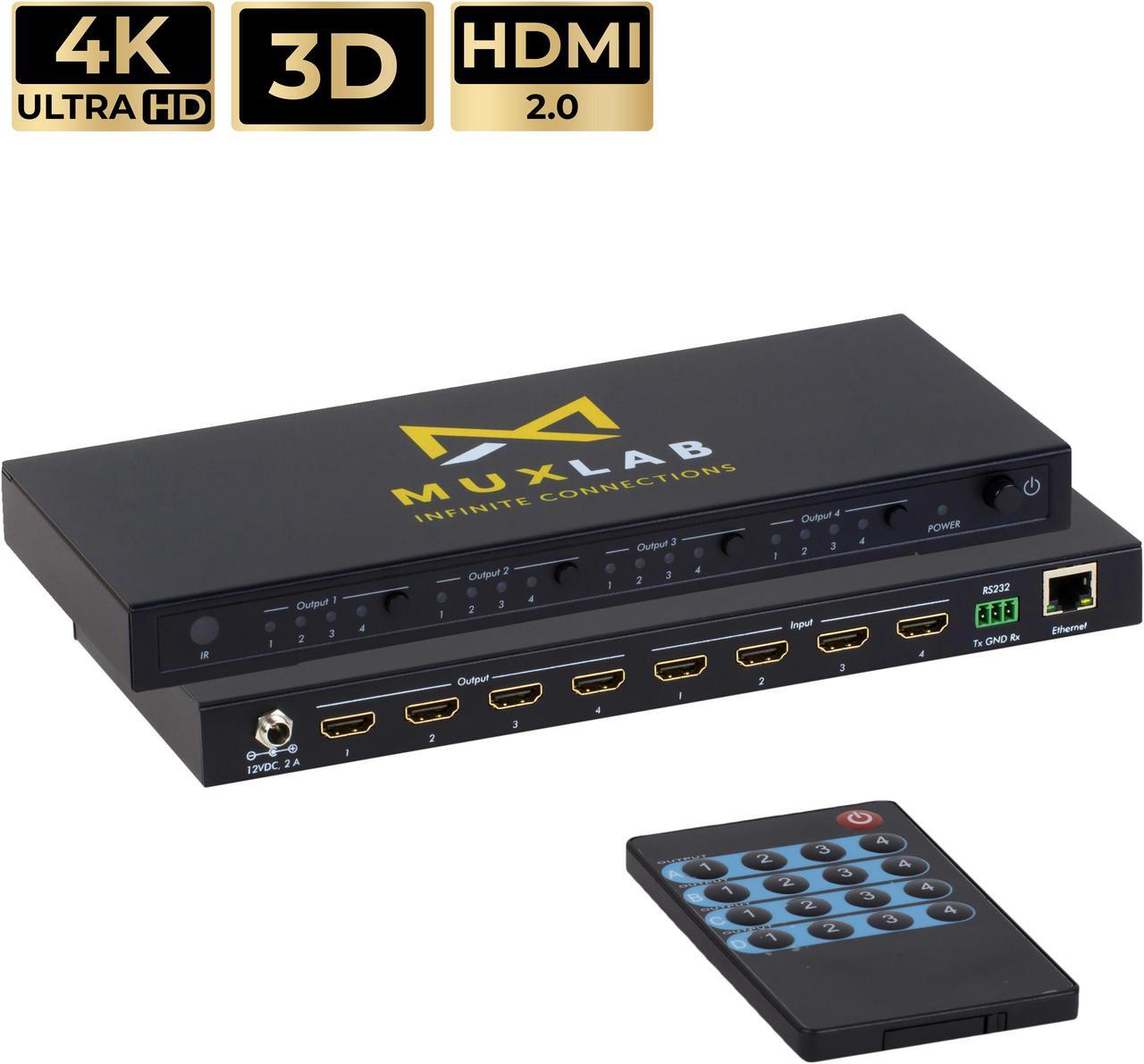 Alt view image 5 of 7 - MuxLab 4x4 HDMI 2.0 Matrix Switch/Splitter with IR Remote | Supports 4K@60Hz, 4:4:4, HDR, 4 Input and 4 Output | Control with IR Remote, RS232, TCP/IP & Push Button