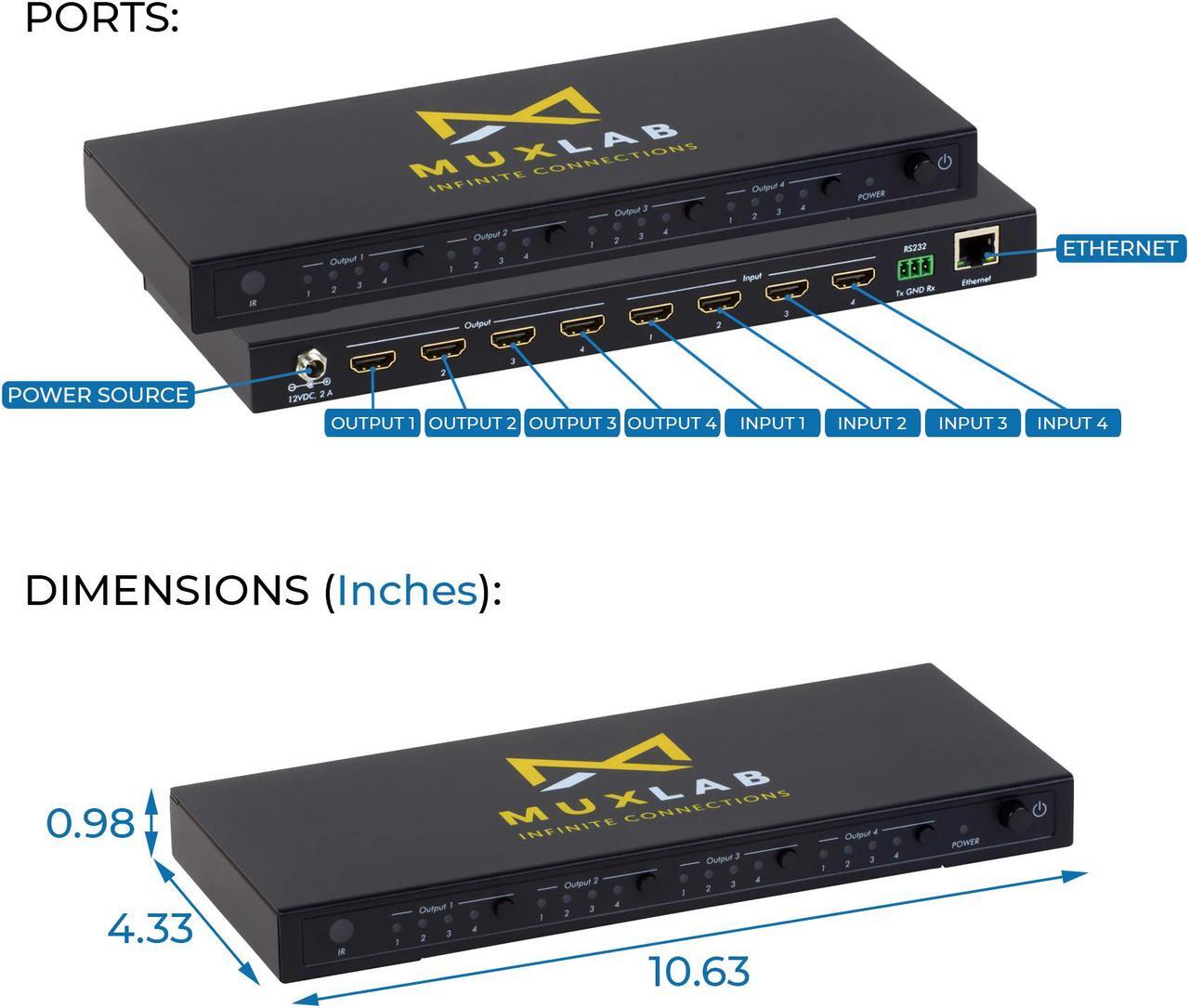 Alt view image 3 of 7 - MuxLab 4x4 HDMI 2.0 Matrix Switch/Splitter with IR Remote | Supports 4K@60Hz, 4:4:4, HDR, 4 Input and 4 Output | Control with IR Remote, RS232, TCP/IP & Push Button