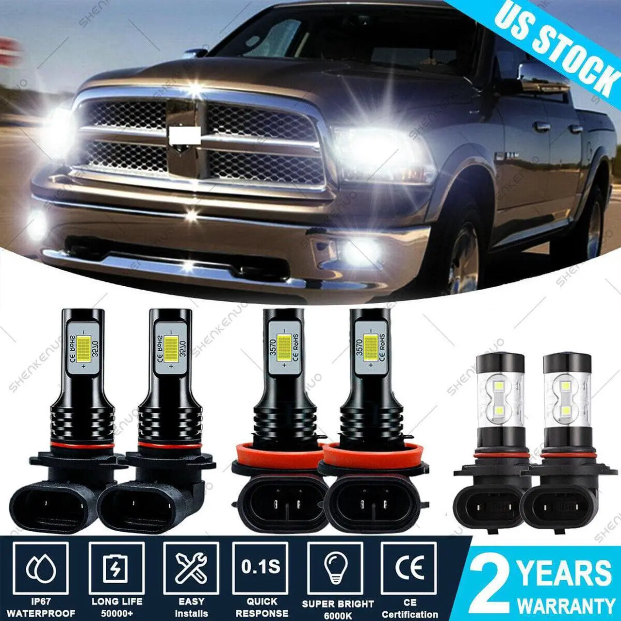 Main image of For Dodge Ram 1500 2500 3500 2009-2018 combo LED Headlight Fog Light Bulbs 6000K