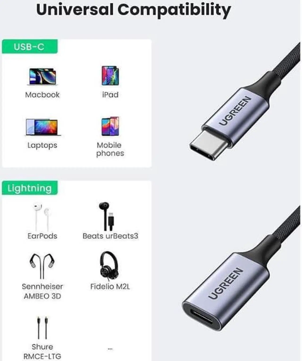 Alt view image 2 of 5 - UGREEN USB-C to Lightning Audio Adapter Cable USB Type C Male to Lightning Female Headphones Converter for iPad/MacBook/USB C Phones to Connect with Lightning Earphones Support Call
