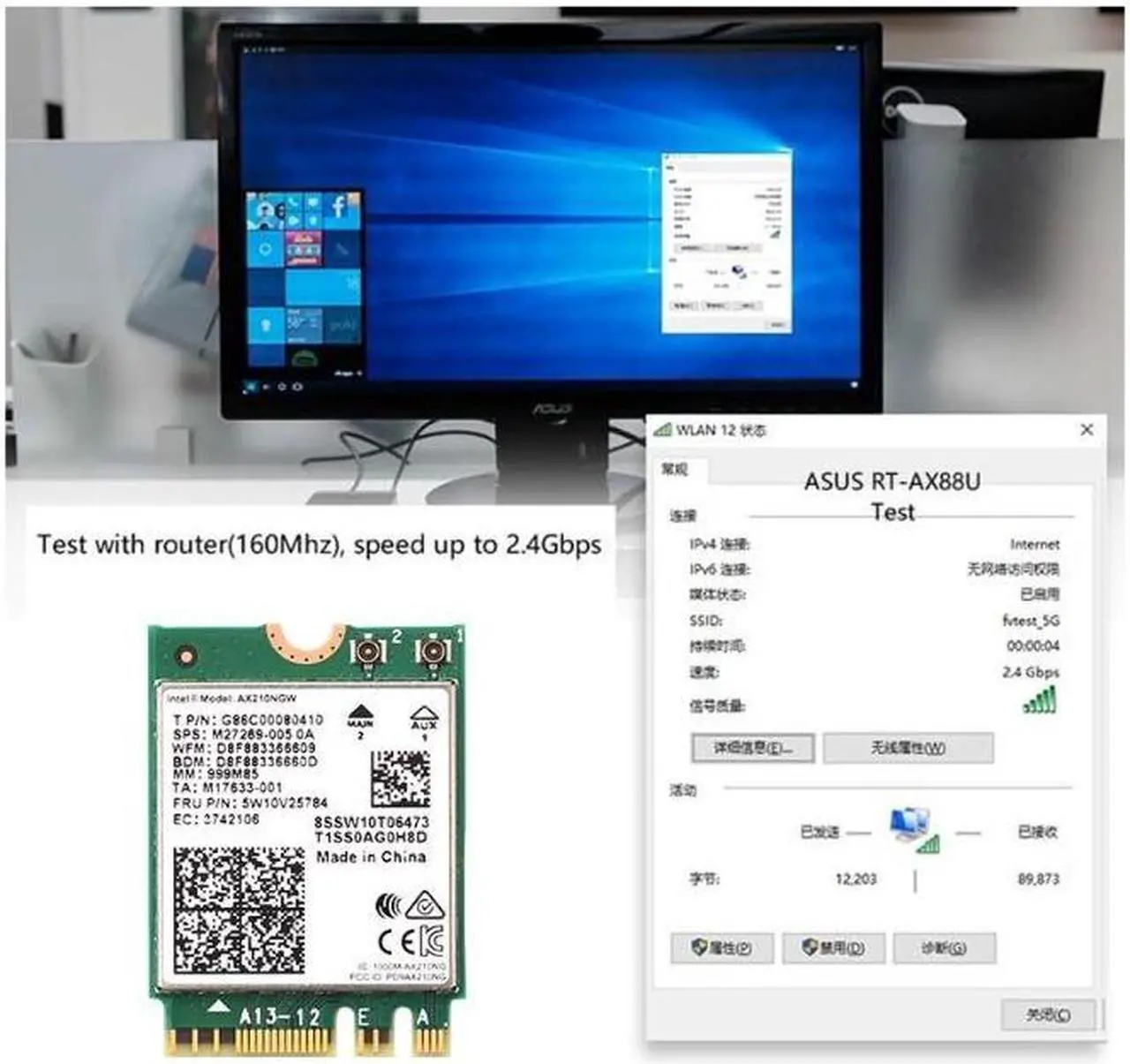 Alt view image 6 of 6 - 3000Mbps WiFi 6E Intel AX210 Bluetooth 5.2 M.2 2230 Key E WiFi 6 Card 2.4G/5Ghz/6Ghz With IPEX4 Antennas Wireless AX210NGW 802.11ac/ax WiFi Adapter, Support Windows 10 Linux For Laptop Desktop