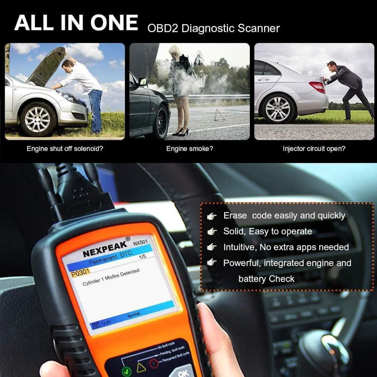 Alt view image 4 of 7 - OBD2 Scanner, NX501 Enhanced OBD II Auto Code Reader, Car Diagnostic Scan Tool Vehicle Check Engine Light Analyzer for All OBDII Vehicles After 1996