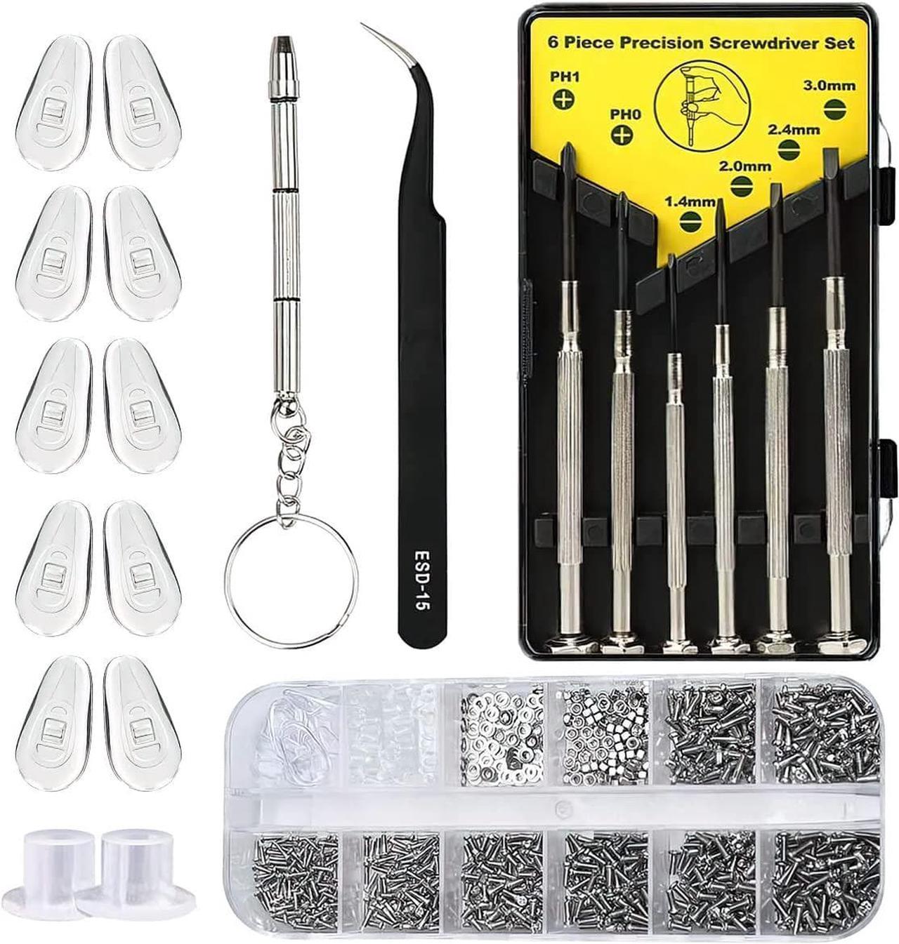 Kingsdun Eyeglass Repair Kit with 1100pcs Eye Glass Screws & Nose Pads Include 6pcs Phillips Flat Head Screwdriver Set & Curved Tip Tweezer for Sunglasses,Watch Clock (Small)