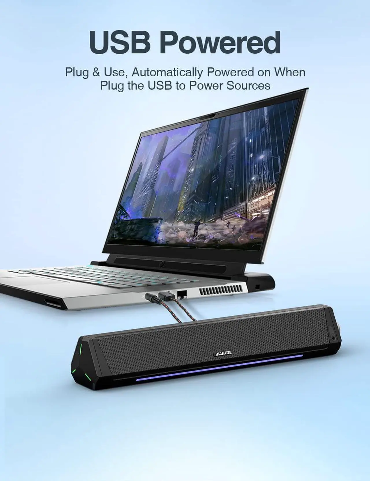 Alt view image 6 of 7 - Computer Speakers, Bluetooth Soundbar, HiFi Stereo, 3.5mm Aux-in Connection, USB Powered Speakers for Desktop Monitor, PC, Laptop, Tablets