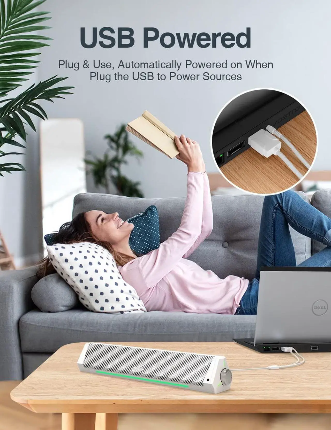 Alt view image 4 of 7 - Computer Speakers, Bluetooth Soundbar, HiFi Stereo, 3.5mm Aux-in Connection, USB Powered Speakers for Desktop Monitor, PC, Laptop, Tablets