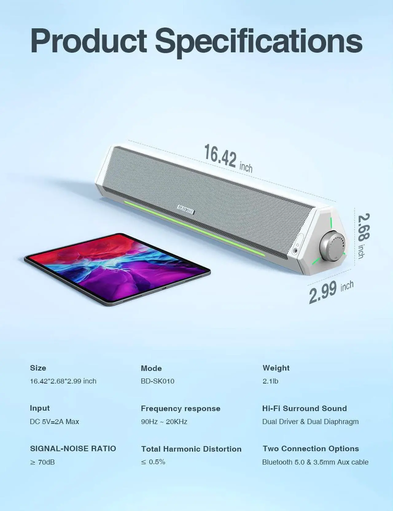 Alt view image 7 of 7 - Computer Speakers, Bluetooth Soundbar, HiFi Stereo, 3.5mm Aux-in Connection, USB Powered Speakers for Desktop Monitor, PC, Laptop, Tablets