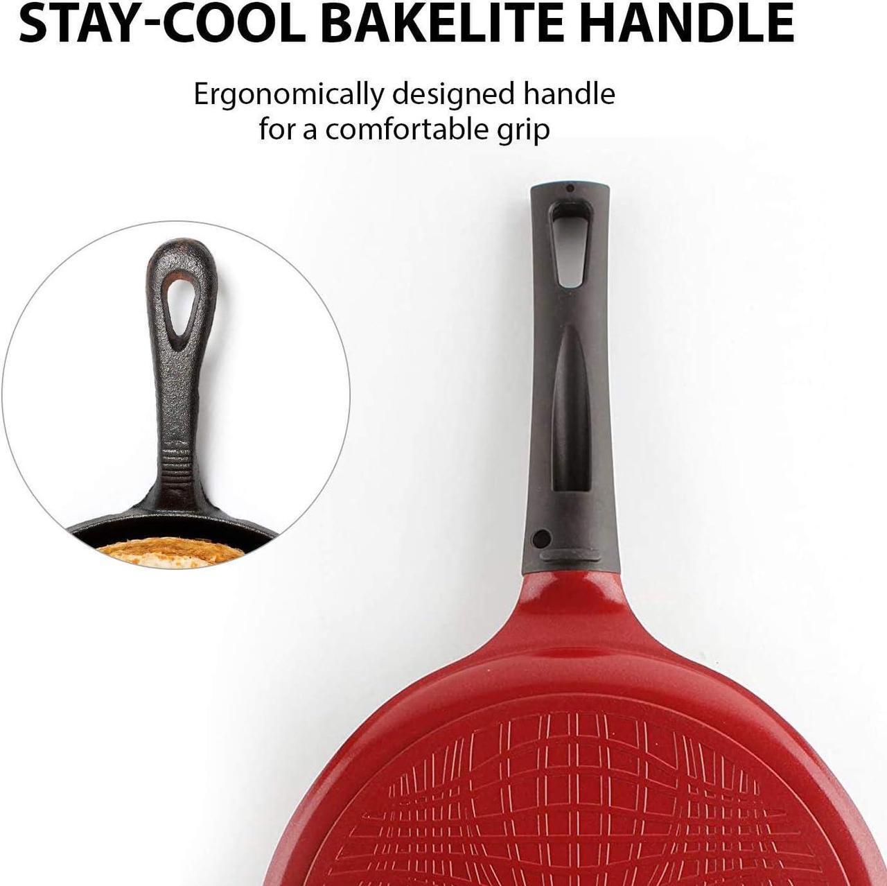 Alt view image 3 of 7 - Crepe pan, Neoflam, Ceramic, Nonstick pan, 10 inch, Bakelite Handle, Tawa pan, Griddle, Pancake Maker, Skillet, Omelette, Tortilla, Roti, Naan, Dosa, Lightweight, PFOA free, Red