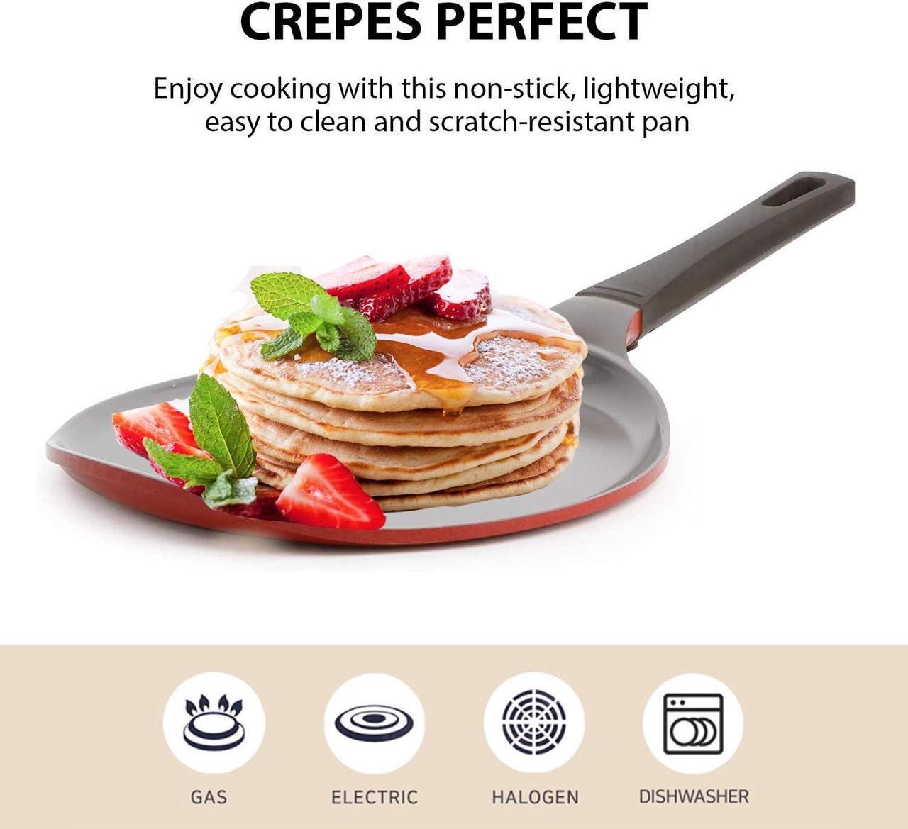 Alt view image 5 of 7 - Crepe pan, Neoflam, Ceramic, Nonstick pan, 10 inch, Bakelite Handle, Tawa pan, Griddle, Pancake Maker, Skillet, Omelette, Tortilla, Roti, Naan, Dosa, Lightweight, PFOA free, Red