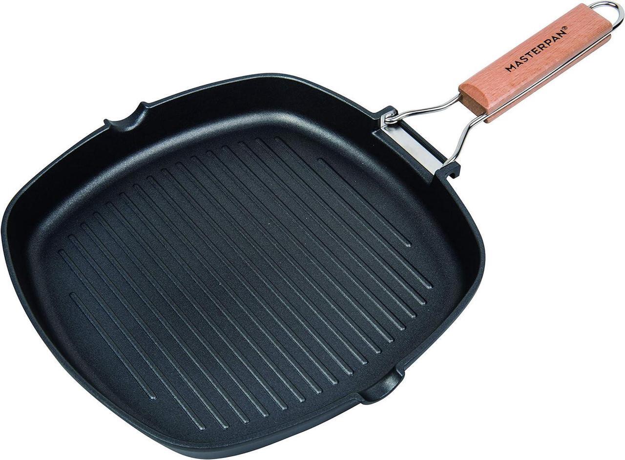 Main image of Non-Stick Grill Pan with Folding Wooden Handle, 8", Black and Brown