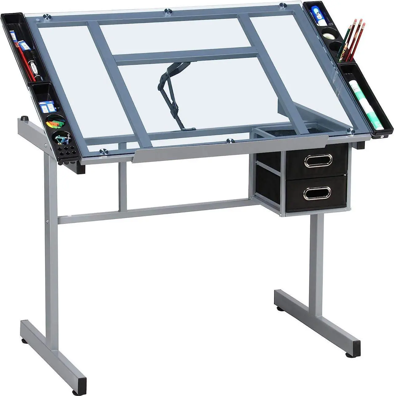 Main image of Yaheetech Drawing Desk Adjustable Glass Drafting Study Table for Diamond/Versatile Art Craft Station w/ 2 Slide Rolling Wheels and Drawers for Artist Painters Home Office