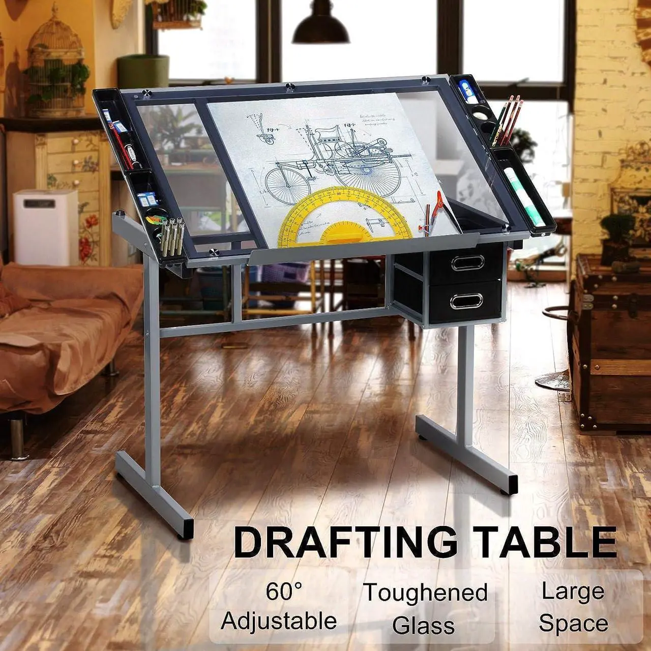 Alt view image 4 of 7 - Yaheetech Drawing Desk Adjustable Glass Drafting Study Table for Diamond/Versatile Art Craft Station w/ 2 Slide Rolling Wheels and Drawers for Artist Painters Home Office