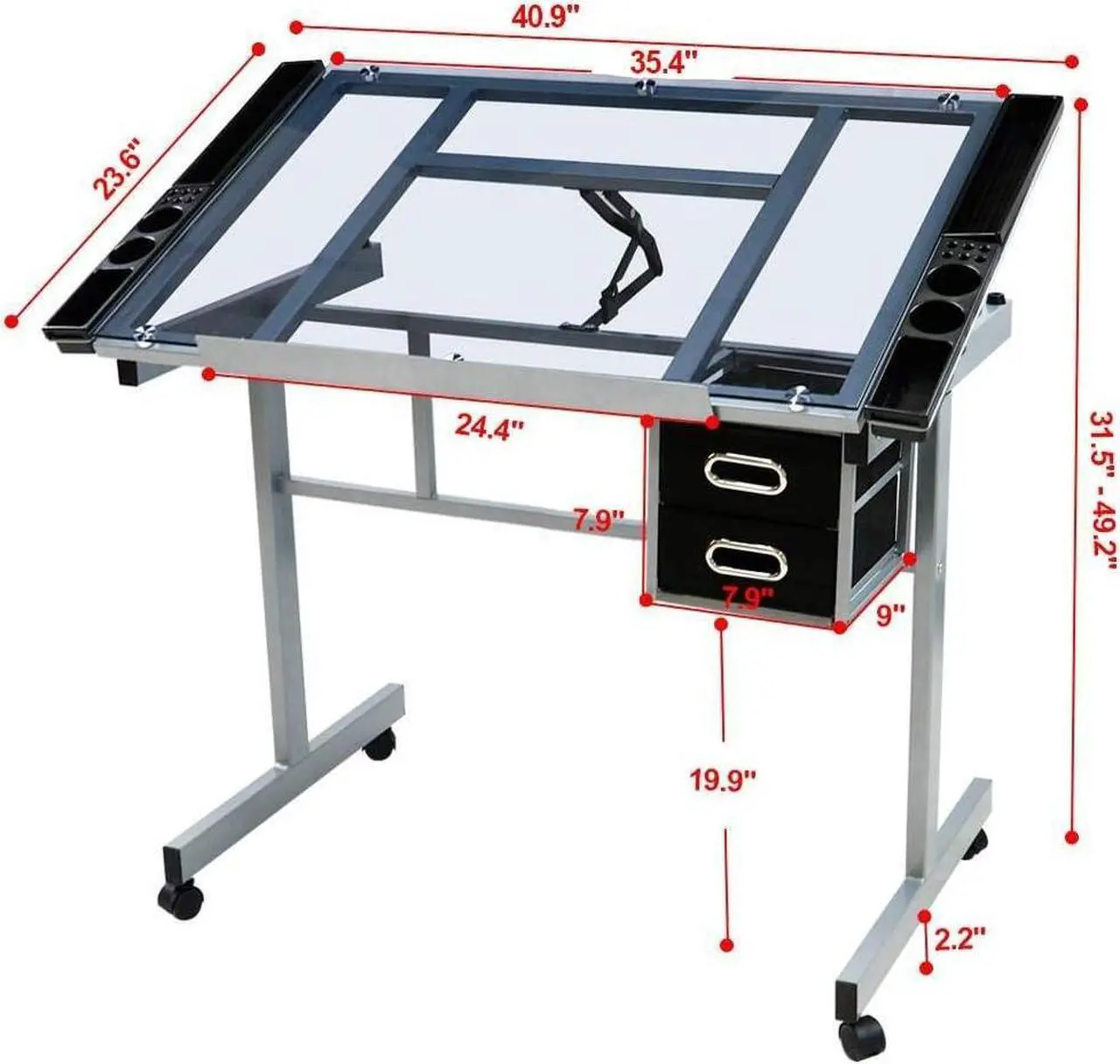 Alt view image 3 of 7 - Yaheetech Drawing Desk Adjustable Glass Drafting Study Table for Diamond/Versatile Art Craft Station w/ 2 Slide Rolling Wheels and Drawers for Artist Painters Home Office