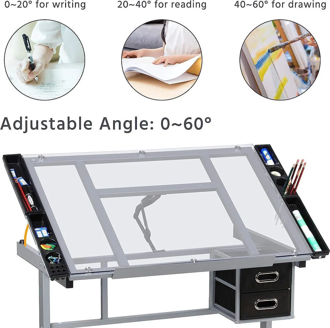 Alt view image 6 of 7 - Yaheetech Drawing Desk Adjustable Glass Drafting Study Table for Diamond/Versatile Art Craft Station w/ 2 Slide Rolling Wheels and Drawers for Artist Painters Home Office