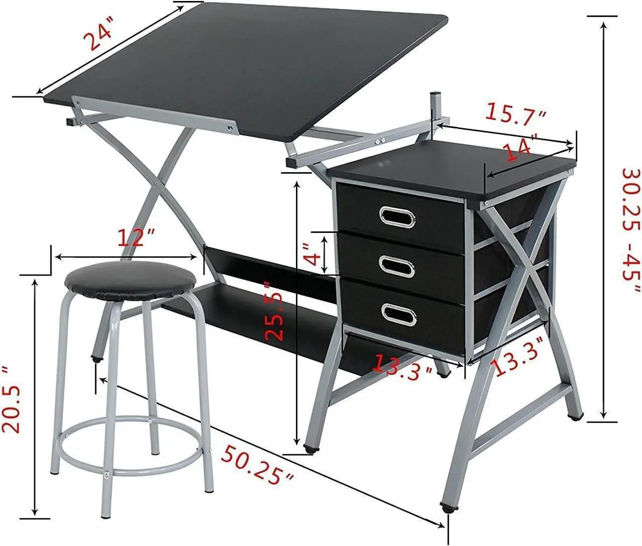 Alt view image 3 of 7 - ZENY Drafting Table and Stool, Tilted Draft Table Desk w/Drawers, Artist Drawing Desk Craft Table for Drafting, Painting, Reading, Writing