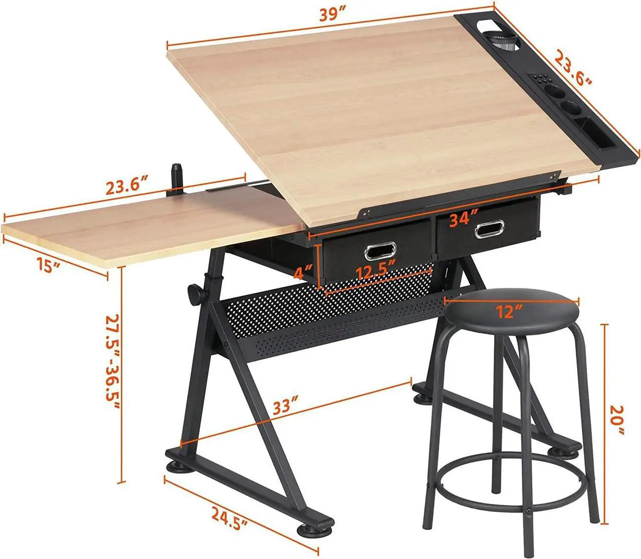 Alt view image 3 of 7 - Topeakmart Height Adjustable Drafting Table Drawing Desk Tiltable Tabletop Art Craft Work Station with Stool for Artists Painters Students Adults