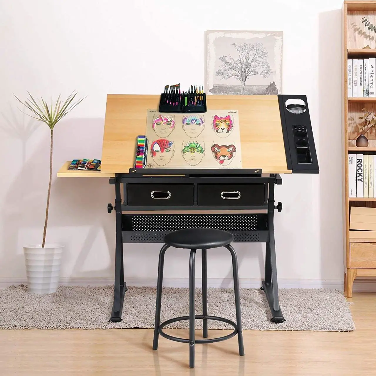 Alt view image 4 of 7 - Yaheetech Height Adjustable Drafting Table Drawing Table Artist Desk Tilting Tabletop Art Craft Desk Watercolor Paintings Sketching Work Station w/2 Storage Drawers and Stool for Home Office