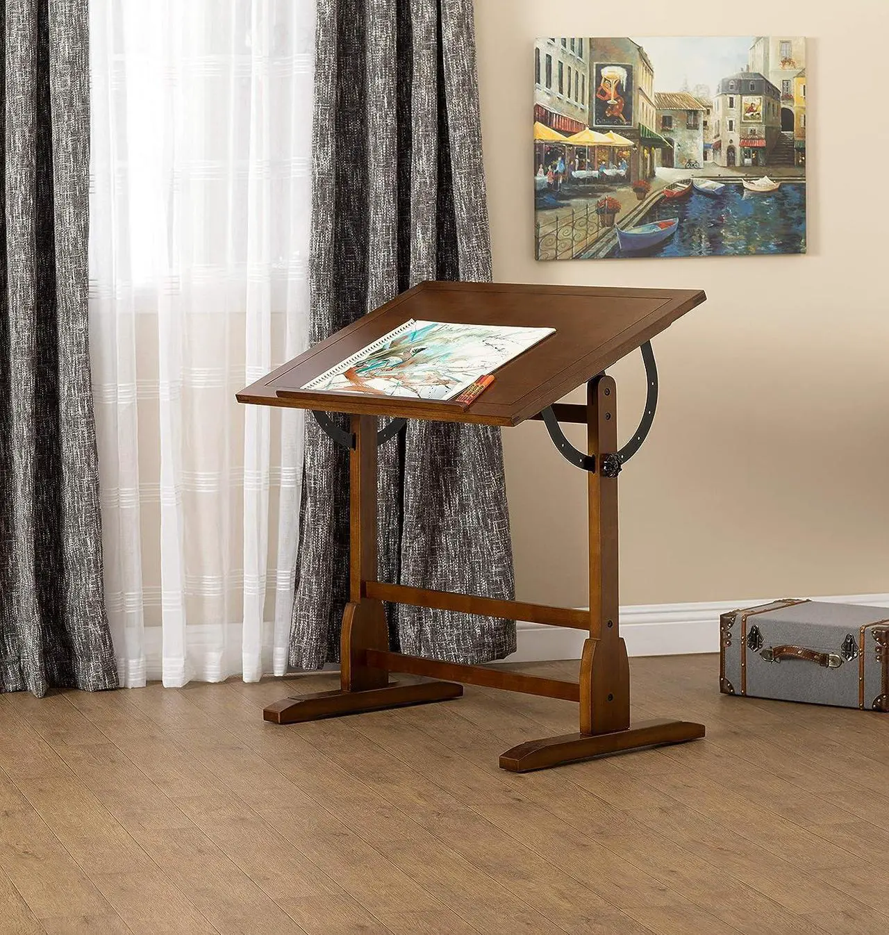 Alt view image 2 of 7 - SD Studio Designs Vintage Rustic Oak Top Adjustable Drafting Craft Drawing Hobby Table Writing Studio Desk, 36''W x 24''D
