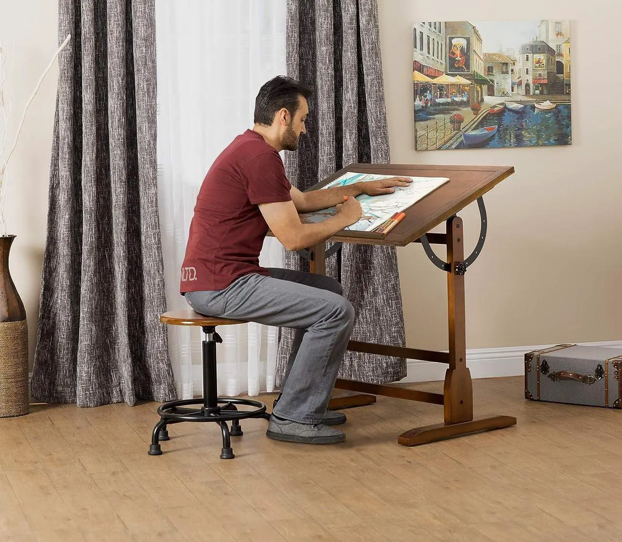 Alt view image 4 of 7 - SD Studio Designs Vintage Rustic Oak Top Adjustable Drafting Craft Drawing Hobby Table Writing Studio Desk, 36''W x 24''D