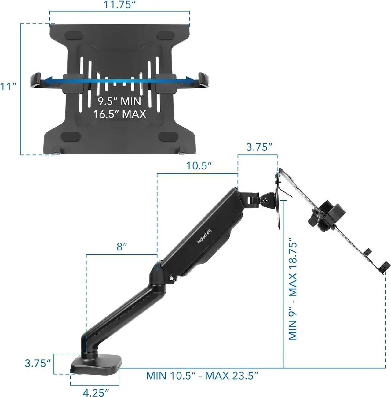 Alt view image 7 of 7 - Mount-It! Laptop Desk Mount Arm with Gas Spring | Full Motion Adjustable Laptop Arm Mount for 11-17 Inch Laptops | Ergonomic Laptop Desk Stand with Clamp, Grommet Base, and 22 lbs Capacity
