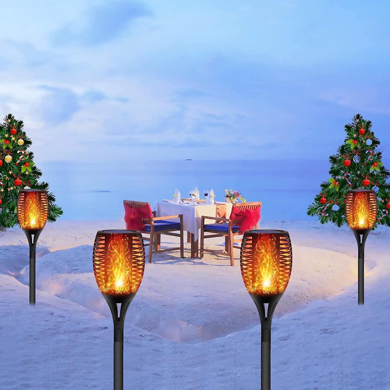 Alt view image 3 of 7 - WorldwideSupermarket 4 Pack Solar Lights Torches 96 LED Flickering Flame Outdoor 43 inches Waterproof Solar Powered Pathway Lights Landscape Lanterns Decoration Lighting Auto On/Off for Garden, Golden