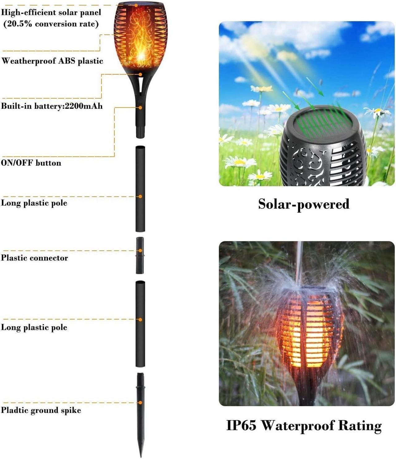 Alt view image 7 of 7 - WorldwideSupermarket 4 Pack Solar Lights Torches 96 LED Flickering Flame Outdoor 43 inches Waterproof Solar Powered Pathway Lights Landscape Lanterns Decoration Lighting Auto On/Off for Garden, Golden