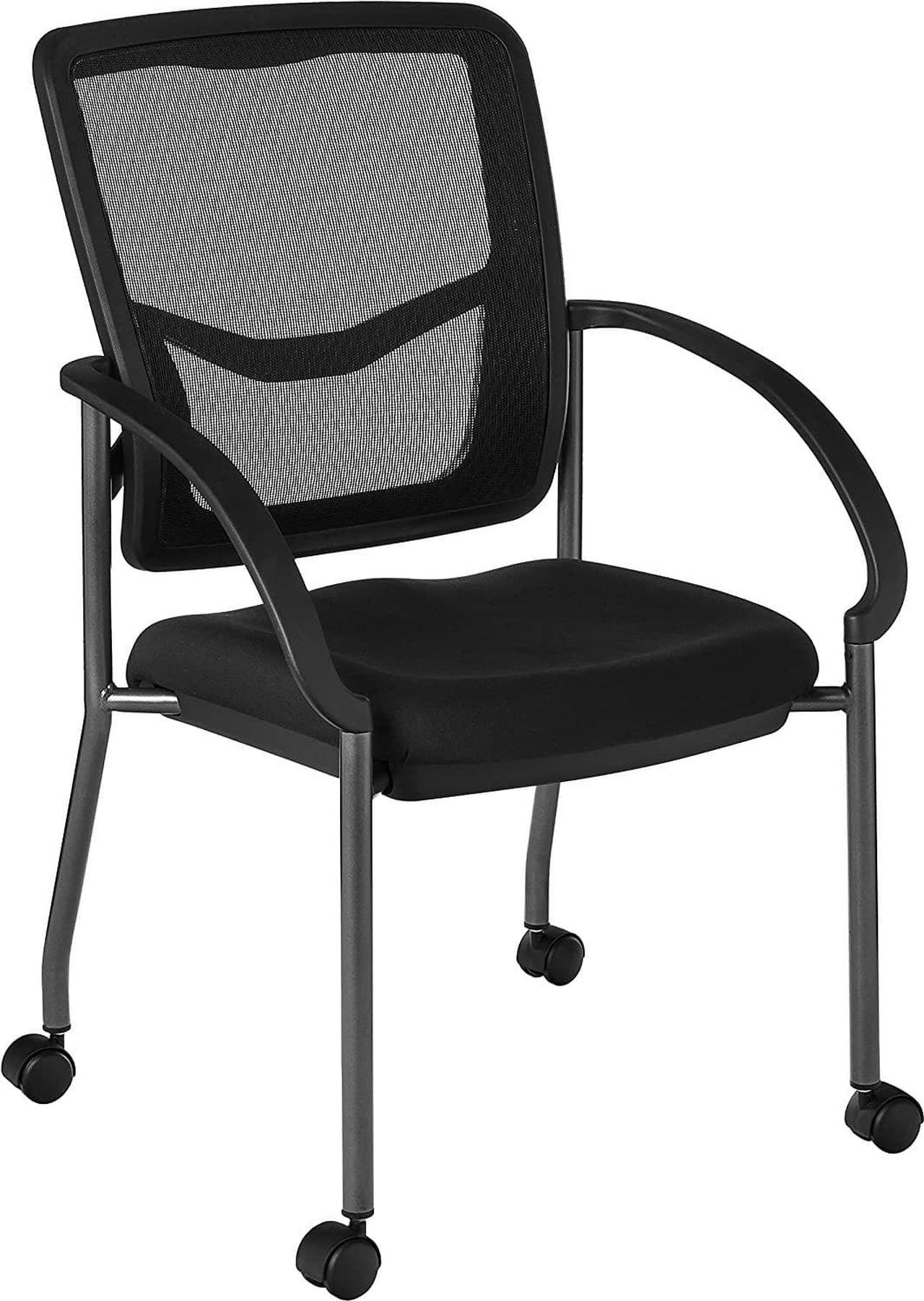 Office Star Breathable ProGrid Back and Padded Coal Free Flex Seat, Contour Arms, Titanium Finish Stacking Visitors Chair with Casters, Black