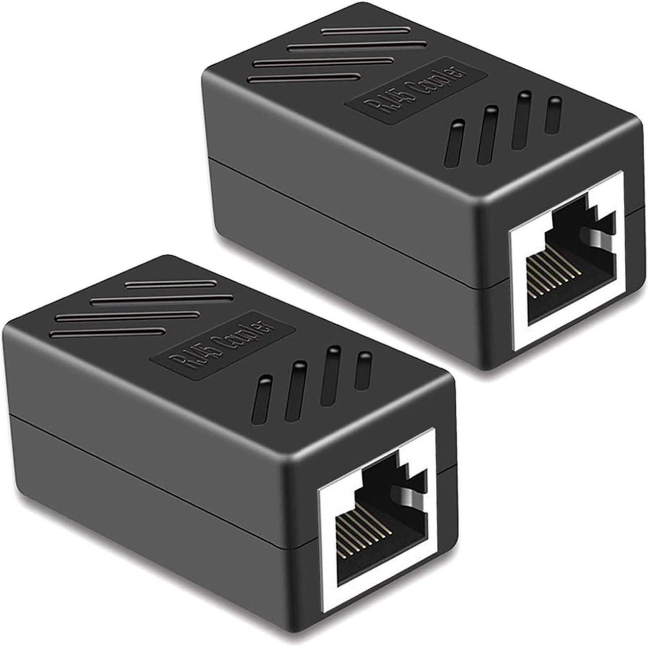 RJ45 Coupler, PLUSPOE 2 Pack Ethernet Cable Extender Inline LAN Connector Plugs for Cat5 Cat5e Cat6e Cat7 Cable, Female to Female (Black)