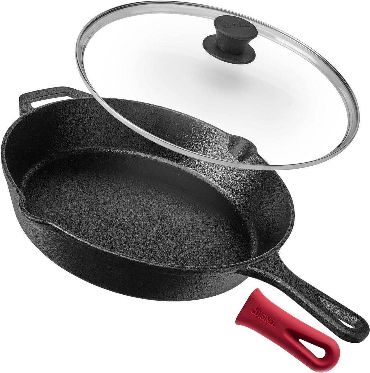 Main image of Cuisinel Cast Iron Skillet with Lid - 12"-Inch Frying Pan + Glass Cover + Silicone Handle Holder - Pre-Seasoned Oven Safe Cookware - Indoor/Outdoor Use - Grill, BBQ, Fire, Stovetop, Induction