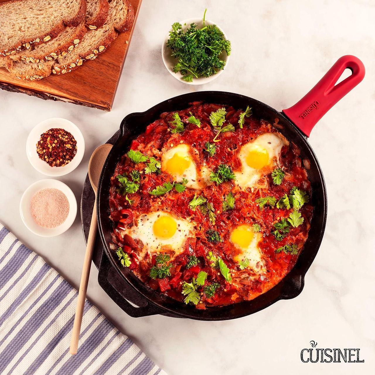 Alt view image 7 of 7 - Cuisinel Cast Iron Skillet with Lid - 12"-Inch Frying Pan + Glass Cover + Silicone Handle Holder - Pre-Seasoned Oven Safe Cookware - Indoor/Outdoor Use - Grill, BBQ, Fire, Stovetop, Induction