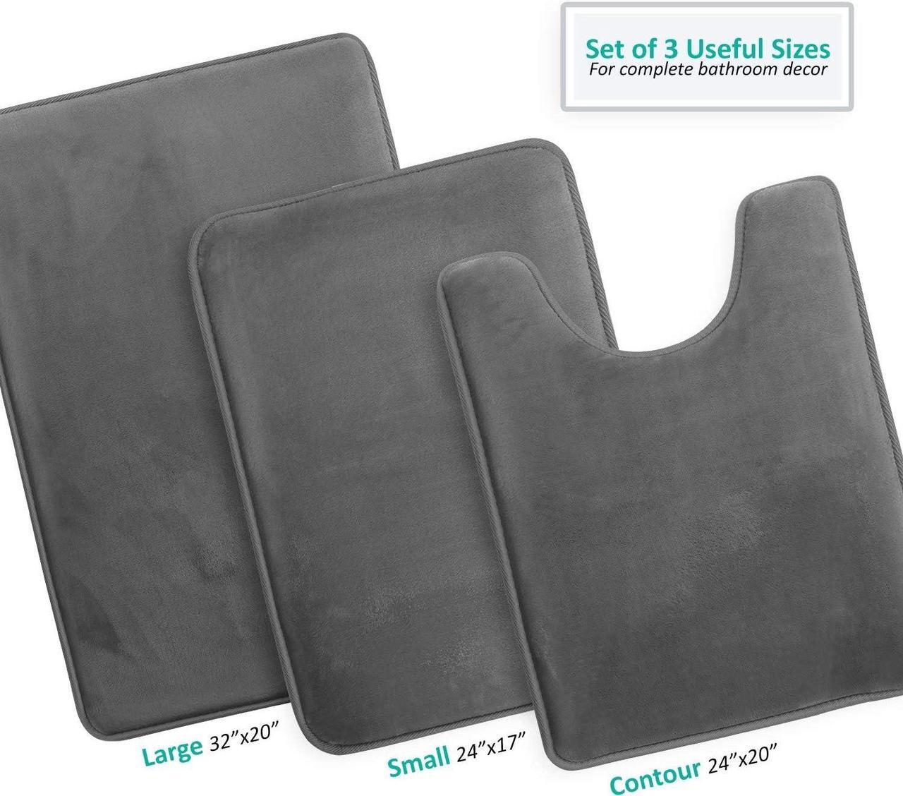 Alt view image 3 of 7 - 3 Piece Bathroom Rugs Bath Mat Set Velvet Memory Foam Bath Mats for Bathroom - Non-Slip PVC Backing Bath Rugs Washable Bathroom Rug Mats - Dries Quickly Grey Bathroom Rug Set