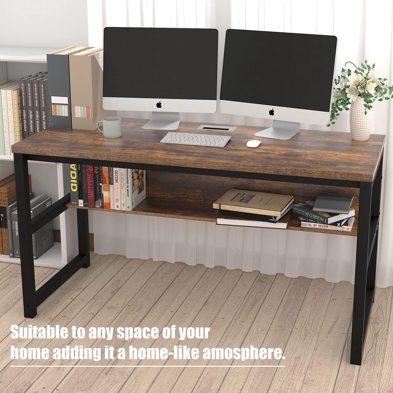Alt view image 6 of 7 - TOPSKY Computer Desk with Bookshelf/Metal Hole Cable Cover 1.18" Thick Desk (55", Rustic Brown)