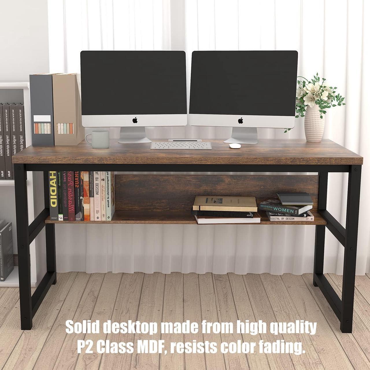 Alt view image 4 of 7 - TOPSKY Computer Desk with Bookshelf/Metal Hole Cable Cover 1.18" Thick Desk (55", Rustic Brown)