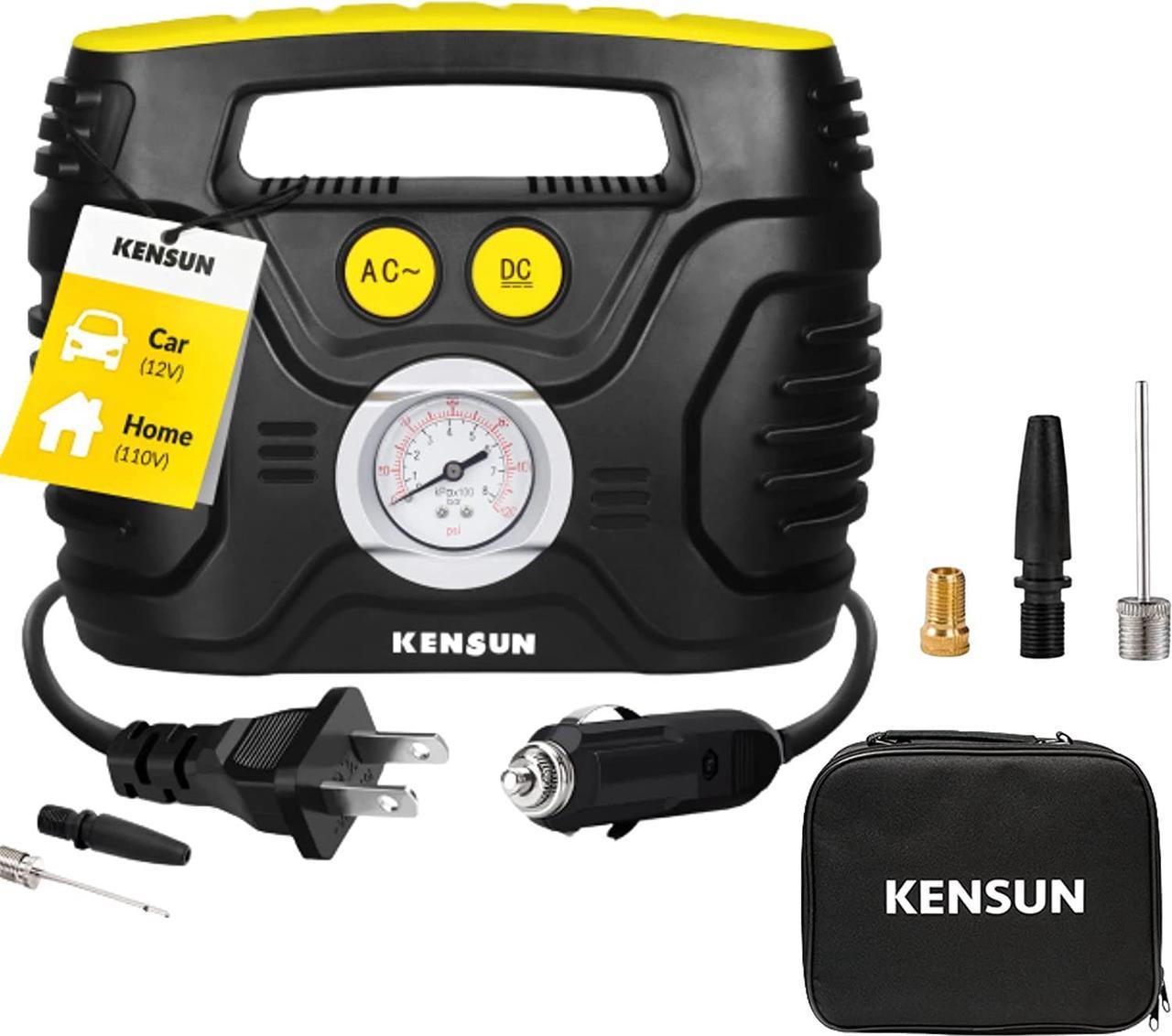 Kensun Portable Air Compressor Pump for Car 12V DC and Home 110V AC Swift Performance Tire Inflator 100 PSI for Car - Bicycle - Motorcycle - Basketball and Others with Analog Pressure Gauge (AC/DC)