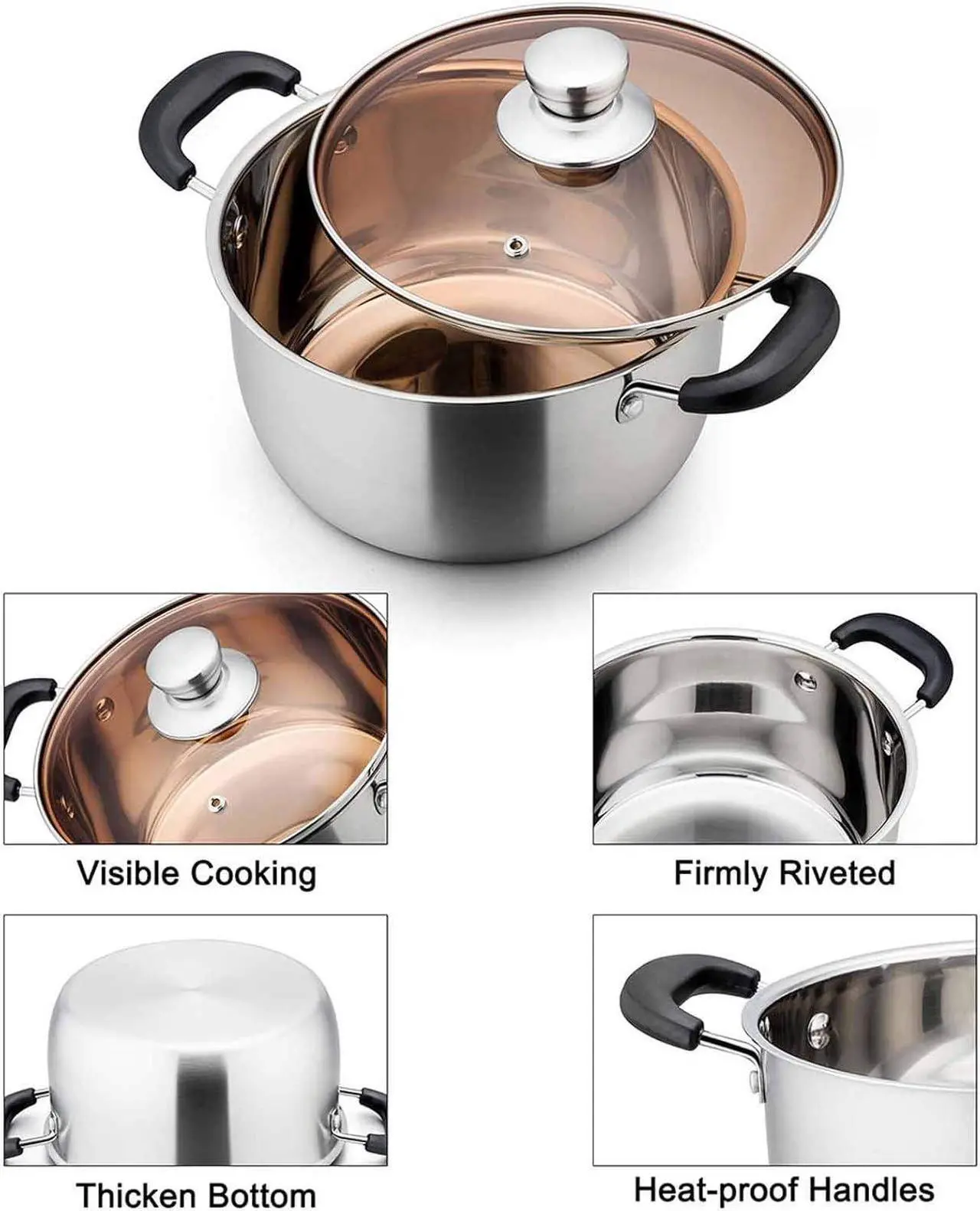 Alt view image 3 of 7 - TeamFar Stock Pot 4qt, Stainless Steel Stock Soup Pasta Pot with Lid, Double Heatproof Handles, Non Toxic & Healthy, Easy Clean & Dishwasher Safe