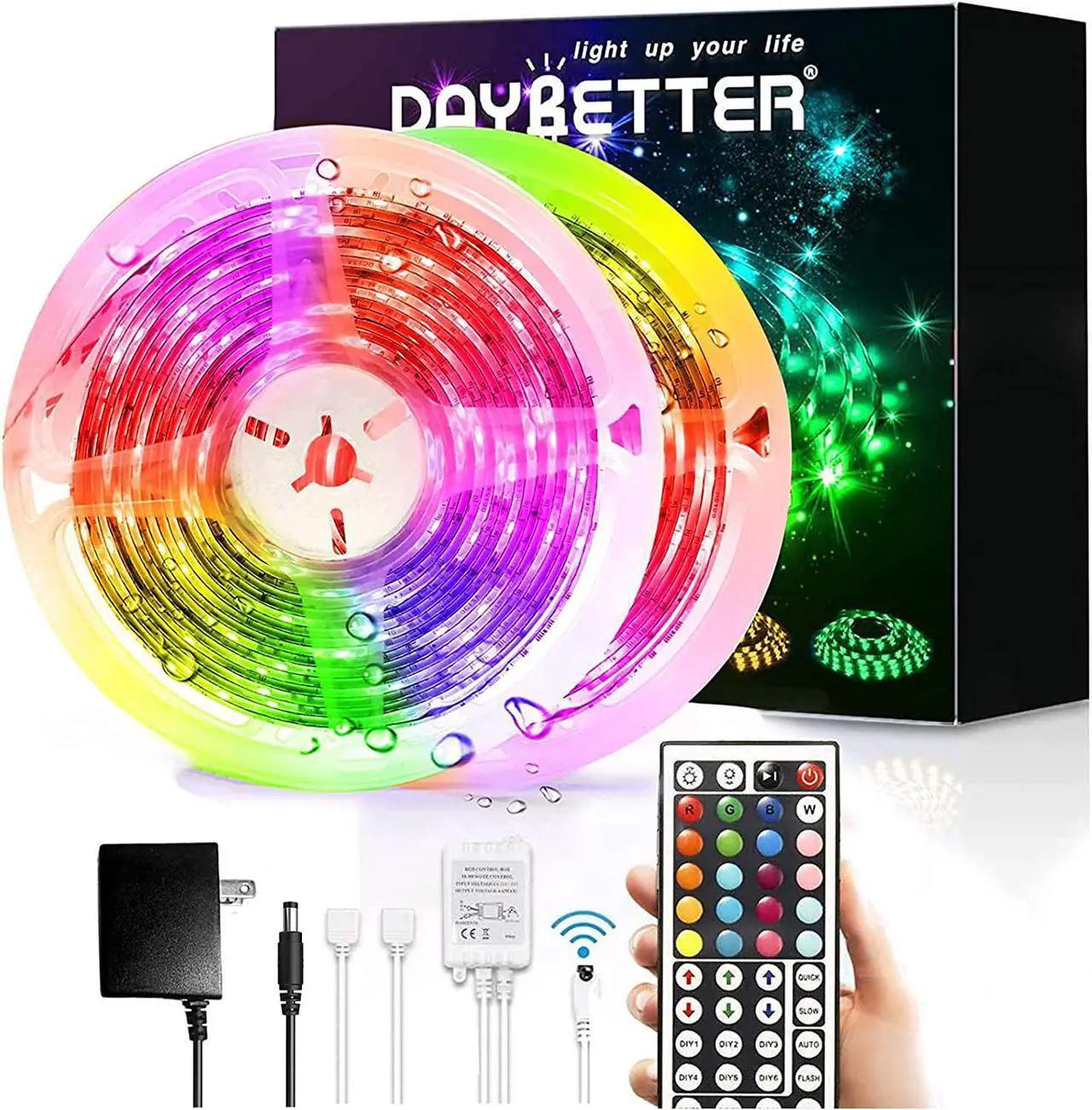 Main image of Led Strip Lights Waterproof 32.8ft(2 Rolls of 16.4ft) Led Tape Lights Color Changing 300 LEDs Light Strips Kit with 44 Keys Ir Remote Controller and 12v Power Supply for Indoor Outdoor Use