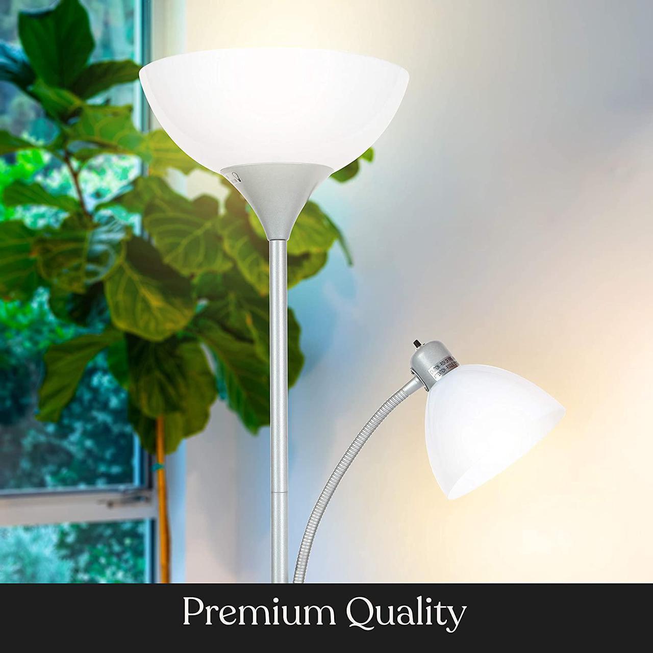 Alt view image 3 of 7 - Brightech Sky Dome Plus LED Floor lamp, Torchiere Super Bright Floor Lamp with Reading Lamp for Living Rooms & Offices - Dimmable Tall Standing Lamp for Bedroom Reading - Silver