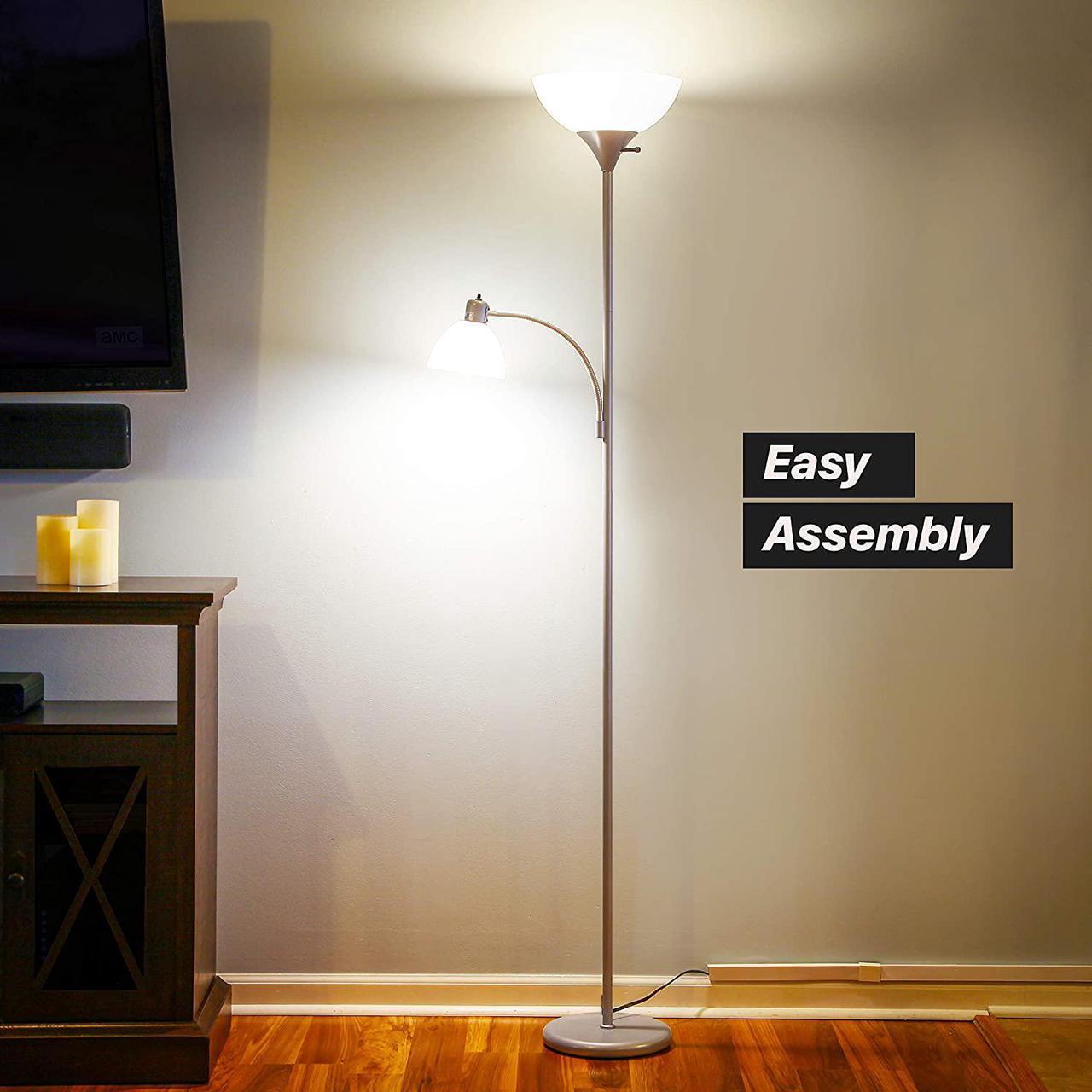 Alt view image 4 of 7 - Brightech Sky Dome Plus LED Floor lamp, Torchiere Super Bright Floor Lamp with Reading Lamp for Living Rooms & Offices - Dimmable Tall Standing Lamp for Bedroom Reading - Silver