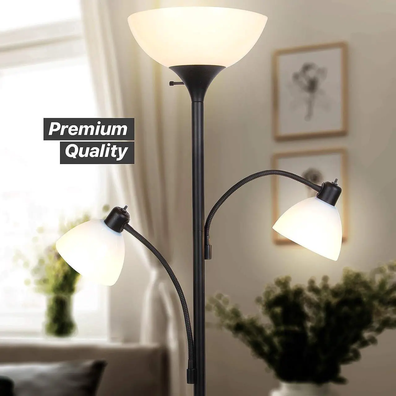 Alt view image 2 of 7 - Brightech Sky Dome Double LED Floor lamp, Torchiere Super Bright Floor Lamp with 2 Reading Lamps for Living Rooms & Offices - Dimmable Tall Standing Lamp for Bedroom Reading - Tall Black Pole