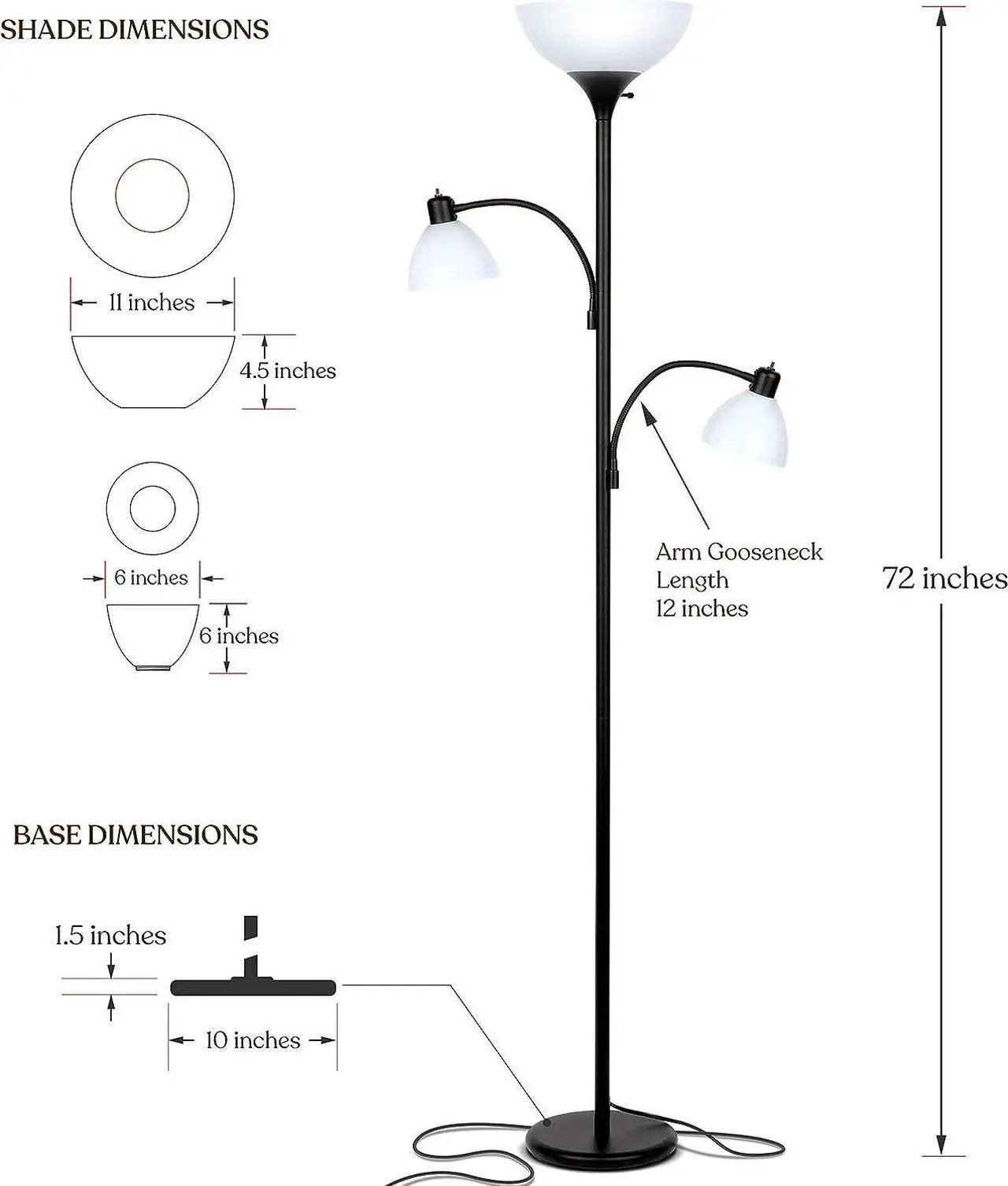 Alt view image 6 of 7 - Brightech Sky Dome Double LED Floor lamp, Torchiere Super Bright Floor Lamp with 2 Reading Lamps for Living Rooms & Offices - Dimmable Tall Standing Lamp for Bedroom Reading - Tall Black Pole