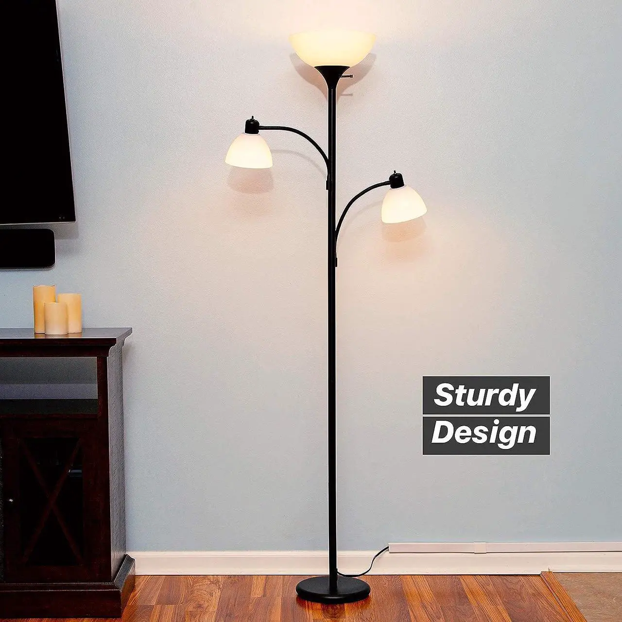 Alt view image 3 of 7 - Brightech Sky Dome Double LED Floor lamp, Torchiere Super Bright Floor Lamp with 2 Reading Lamps for Living Rooms & Offices - Dimmable Tall Standing Lamp for Bedroom Reading - Tall Black Pole