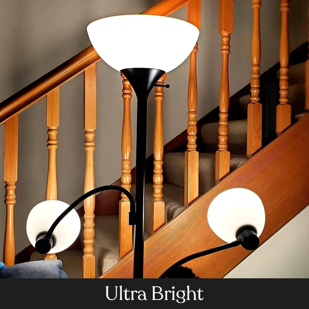 Alt view image 4 of 7 - Brightech Sky Dome Double LED Floor lamp, Torchiere Super Bright Floor Lamp with 2 Reading Lamps for Living Rooms & Offices - Dimmable Tall Standing Lamp for Bedroom Reading - Tall Black Pole