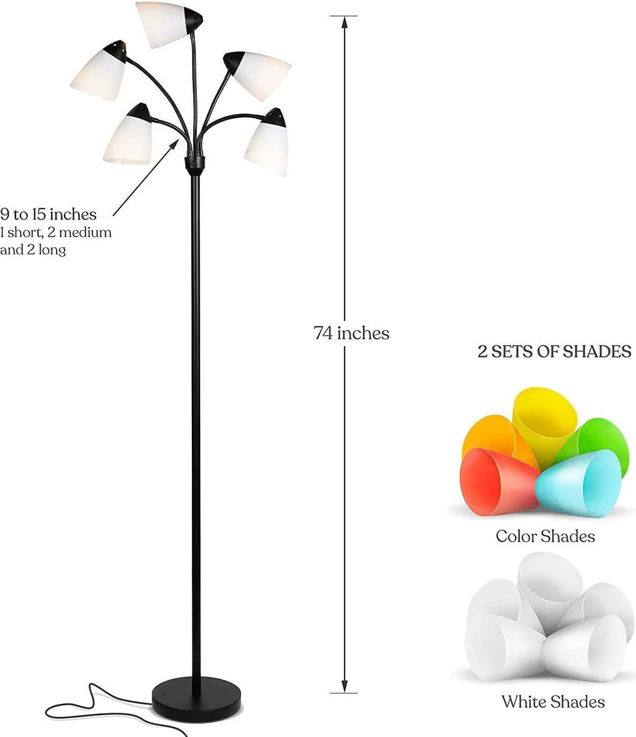Alt view image 2 of 7 - Brightech Medusa LED Floor Lamp  Multi-Head Dimmable Floor Lamp for Living Rooms & Offices  Tall Lamp with Interchangeable Shades, Adjustable Standing Lamp for Bedroom Reading  Black