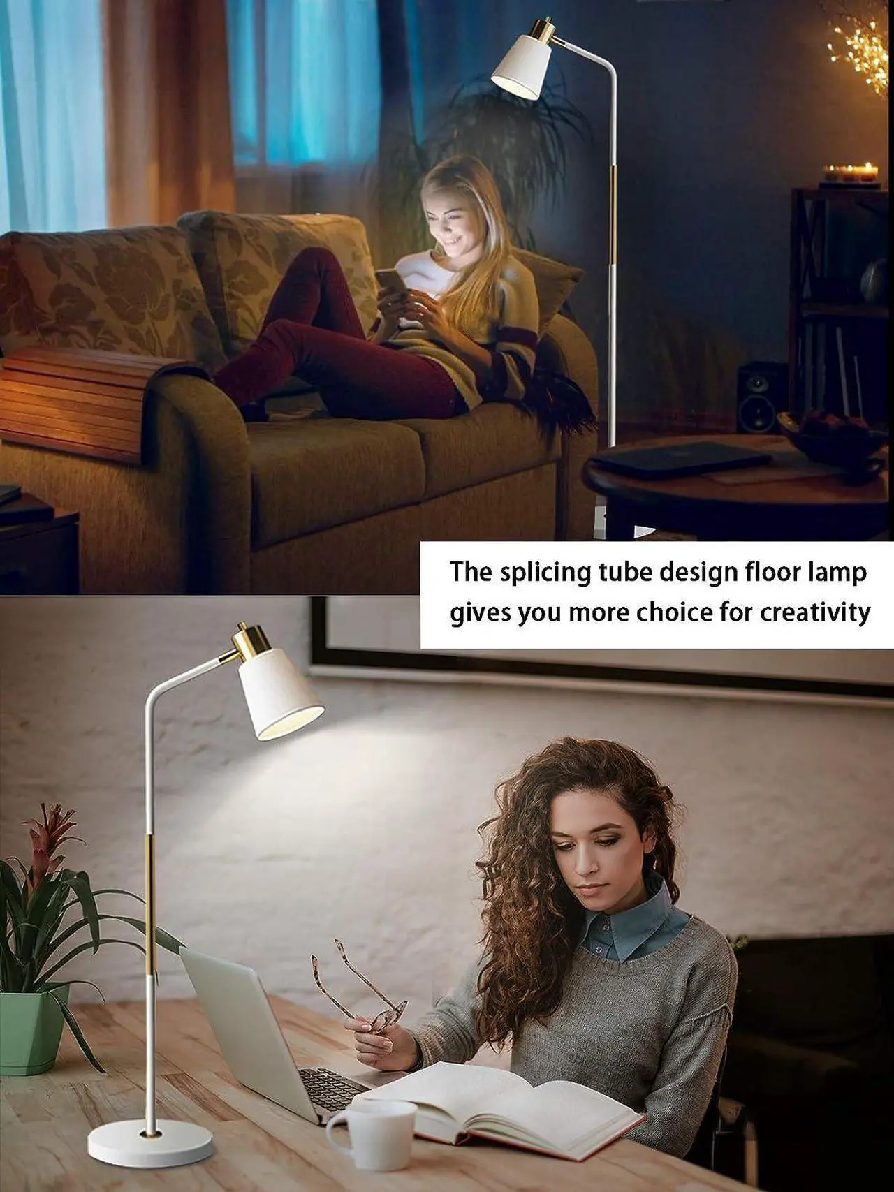Alt view image 5 of 7 - Floor Lamp, Industrial Floor Lamps for Living Rooms Rustic Farmhouse Reading Standing Floor Lamp Adjustable Metal Heads Indoor Task Lighting for Living Room Bedroom Office Home Décor (White)