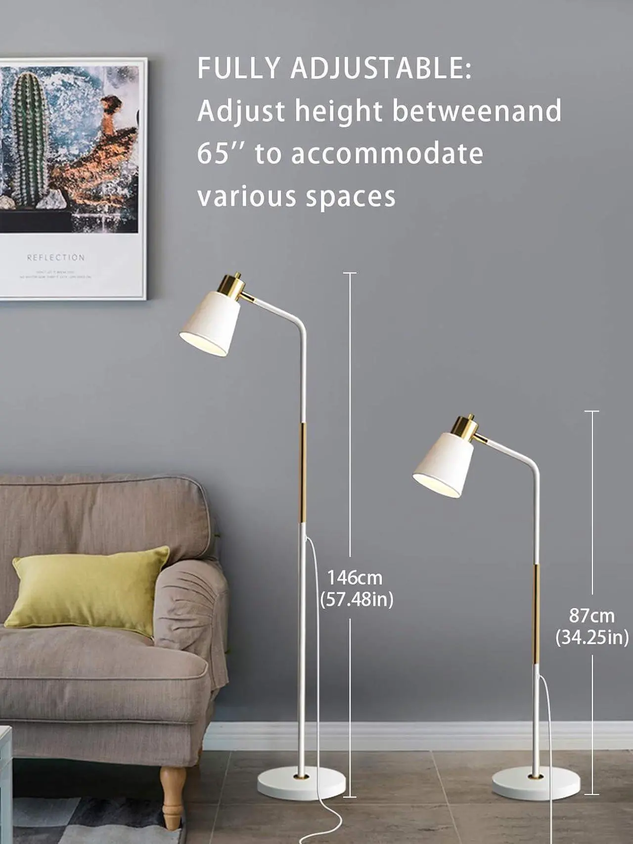 Alt view image 3 of 7 - Floor Lamp, Industrial Floor Lamps for Living Rooms Rustic Farmhouse Reading Standing Floor Lamp Adjustable Metal Heads Indoor Task Lighting for Living Room Bedroom Office Home Décor (White)