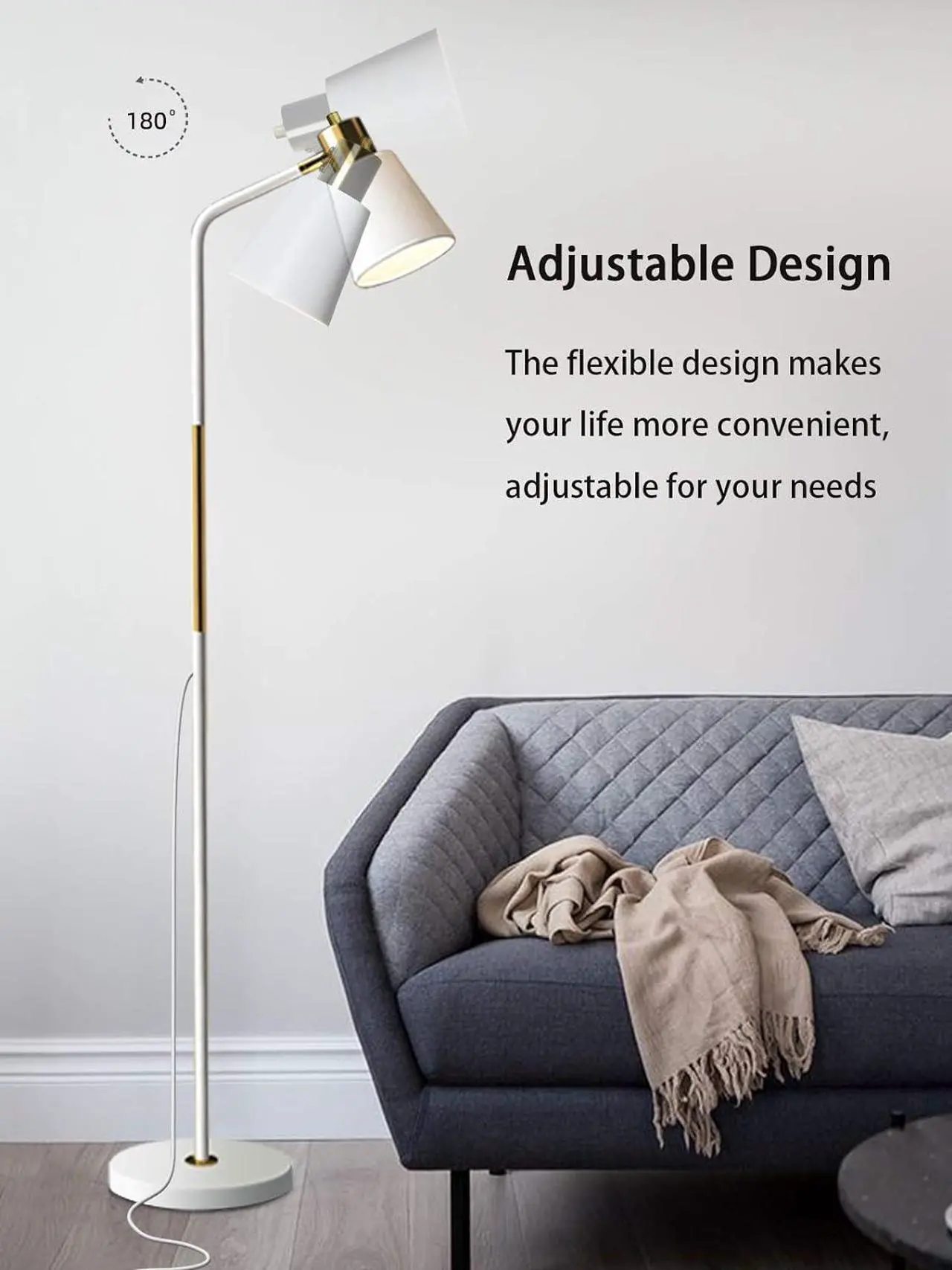 Alt view image 4 of 7 - Floor Lamp, Industrial Floor Lamps for Living Rooms Rustic Farmhouse Reading Standing Floor Lamp Adjustable Metal Heads Indoor Task Lighting for Living Room Bedroom Office Home Décor (White)